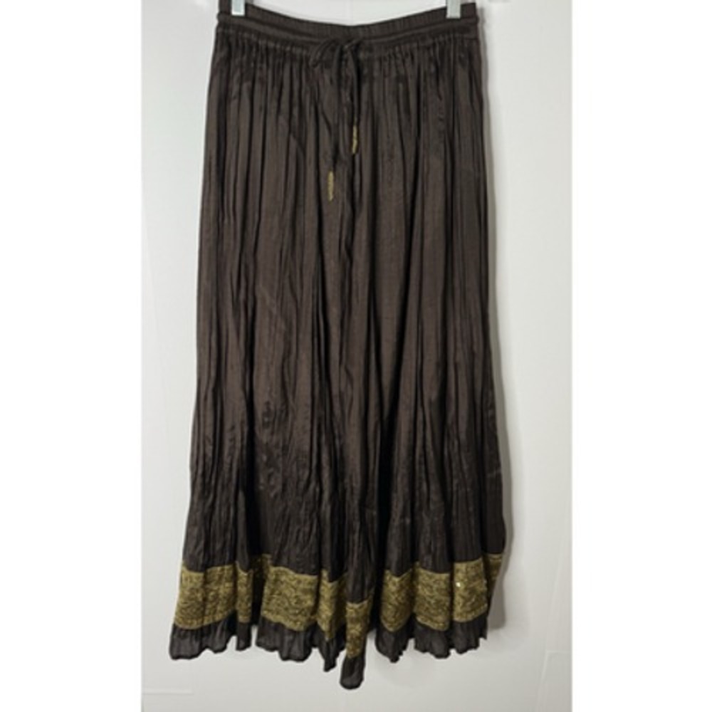 Soft Surroundings Maxi Skirt Women XS Brown Gold Sequin Boho Peasant‎ Drawstring
